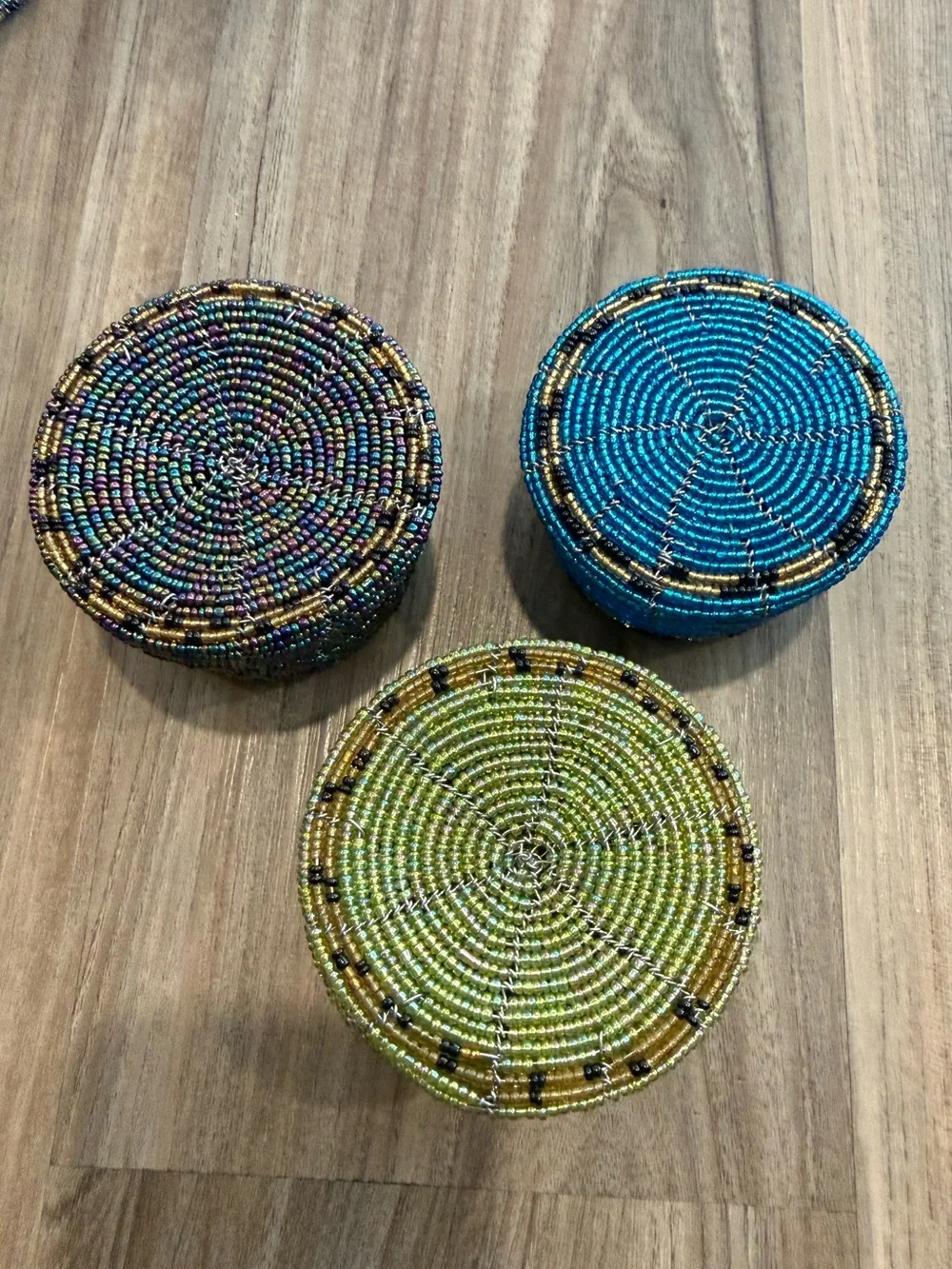 Handwoven Beaded Round Storage Boxes Set - Blue, Green & Multicolor